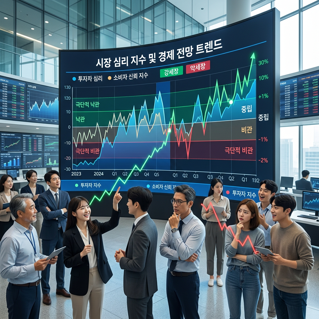 Group of professionals analyzing market sentiment and economic forecast charts