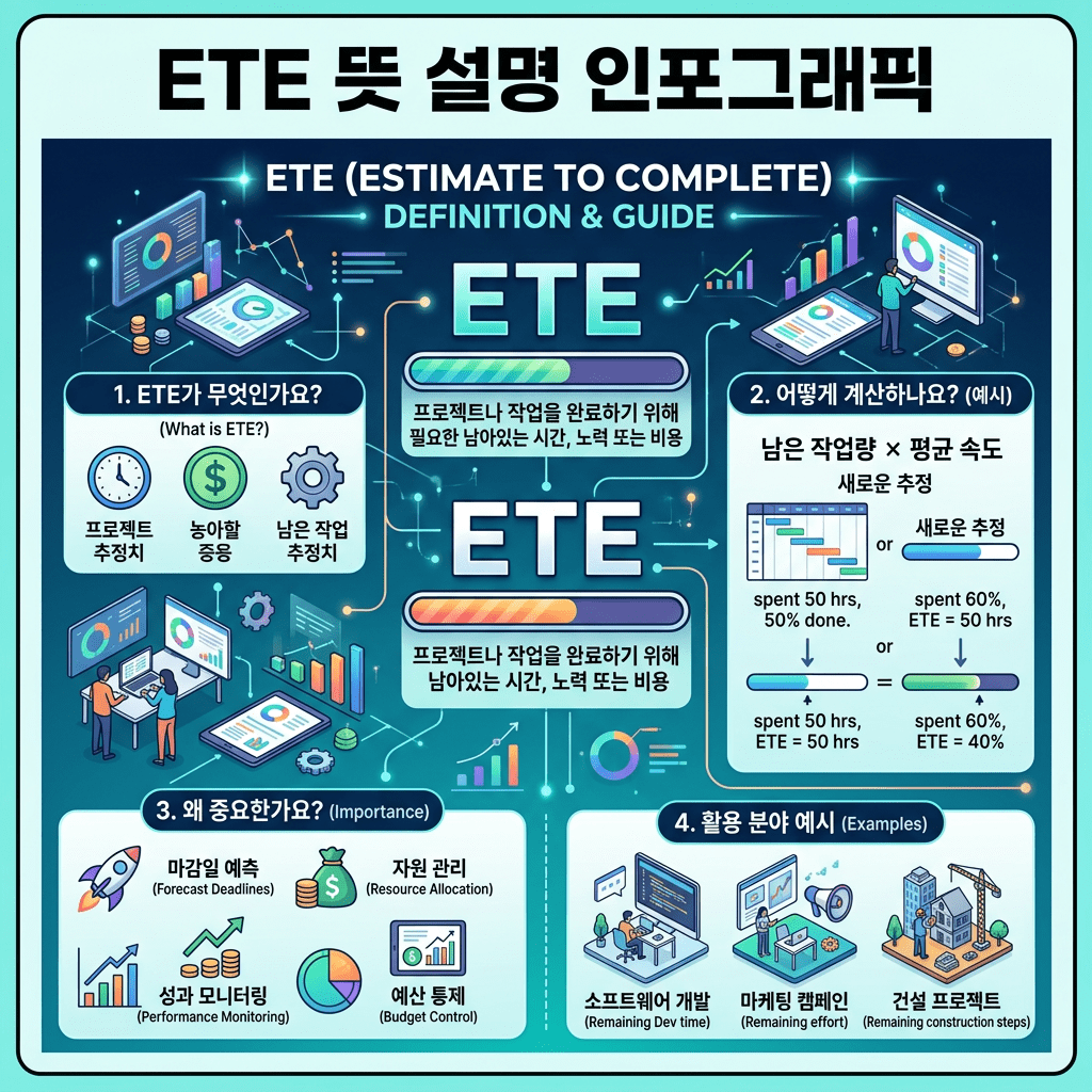 Infographic explaining ETE estimate to complete in project management with definitions, calculations, importance, and examples.