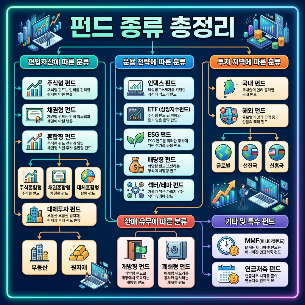 Infographic showing classifications of investment funds by asset type, strategy, region, liquidity, and special categories.