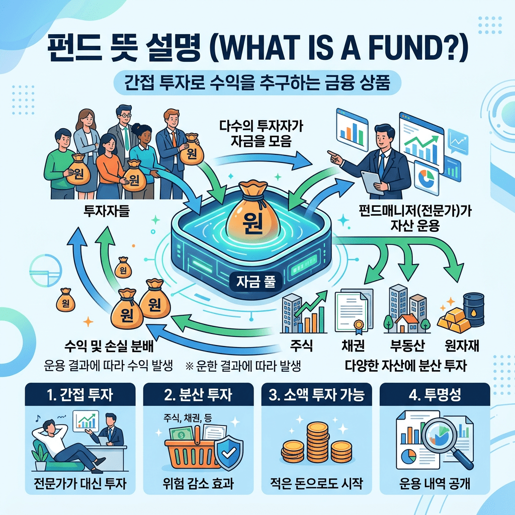 Diagram showing how multiple investors pool money into a fund managed by a professional who invests in stocks, bonds, real estate, and commodities with returns shared among investors.