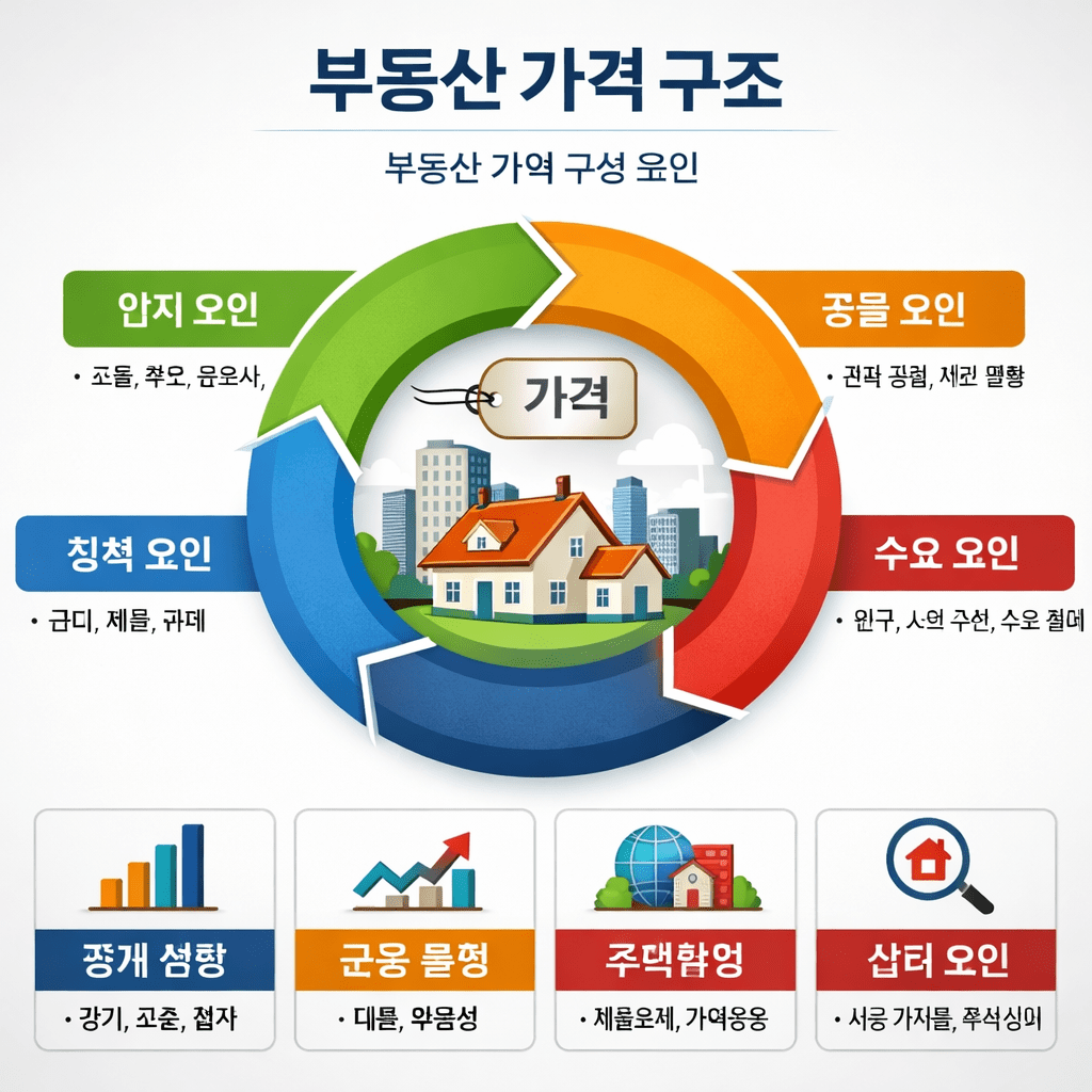 Diagram depicting factors influencing real estate prices including location, government policy, demand, and neighborhood characteristics