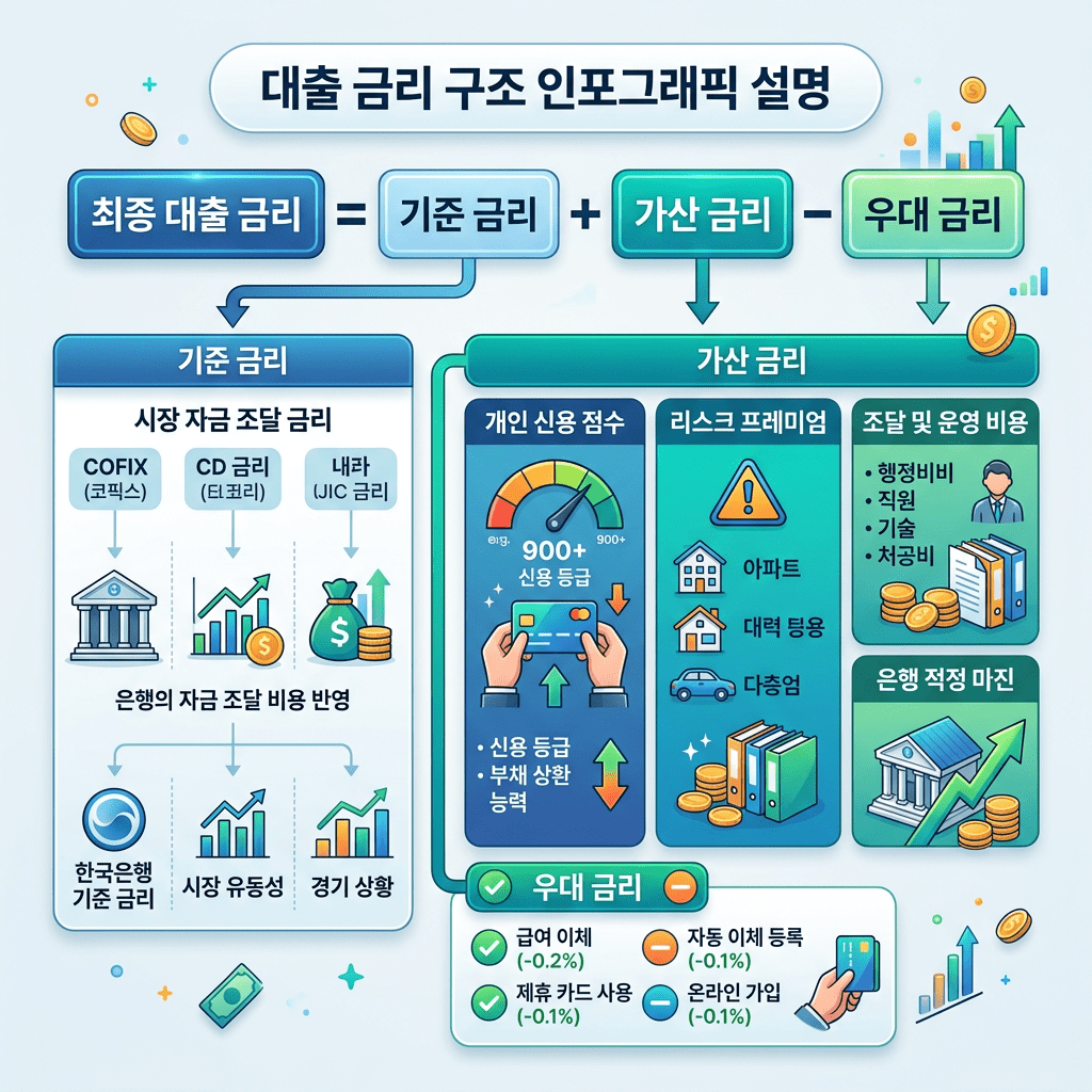 Diagram explaining loan interest rate structure including base rate, additional rate, and preferential rate with factors like personal credit score and bank costs