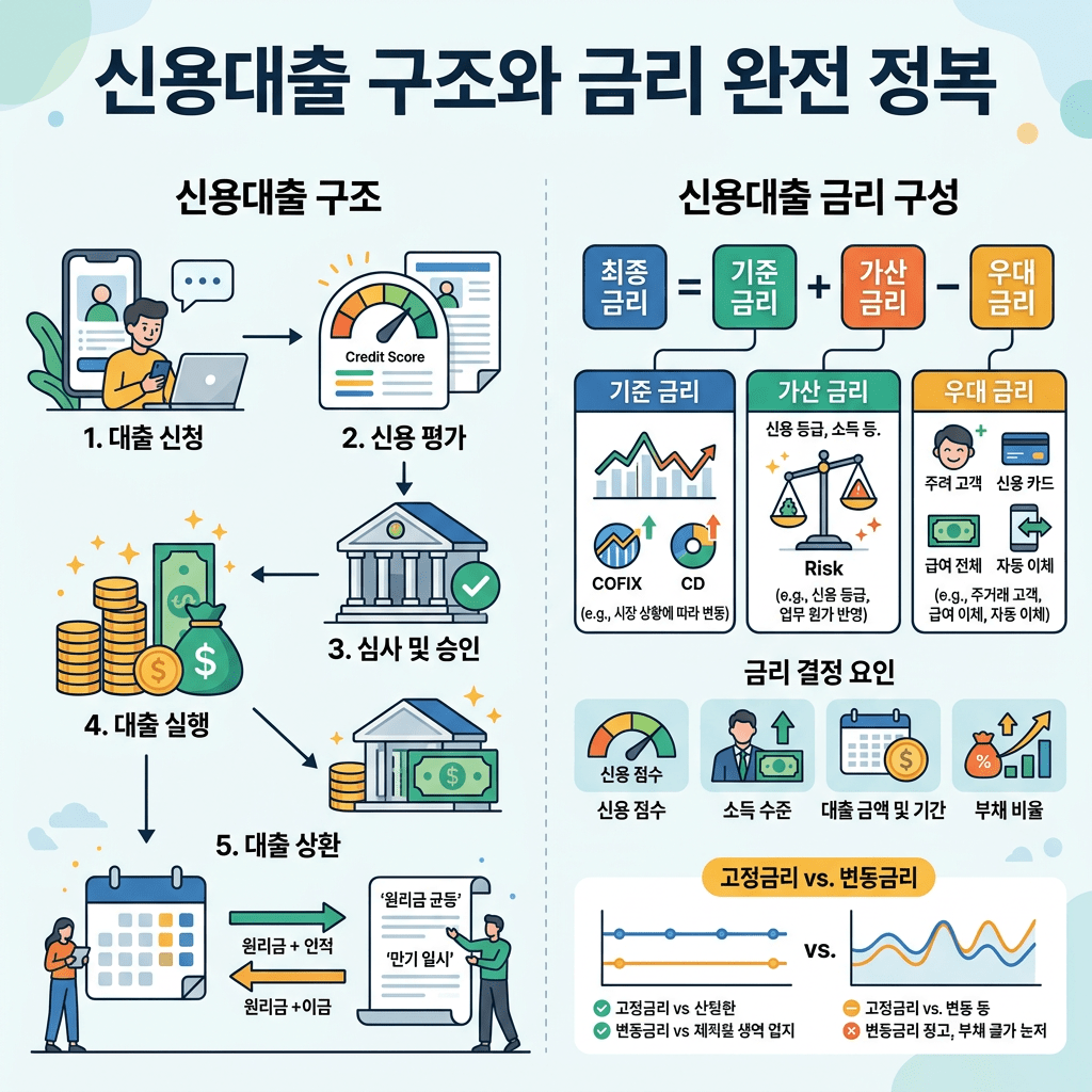 Credit loan process steps and interest rate structure explained with icons and charts
