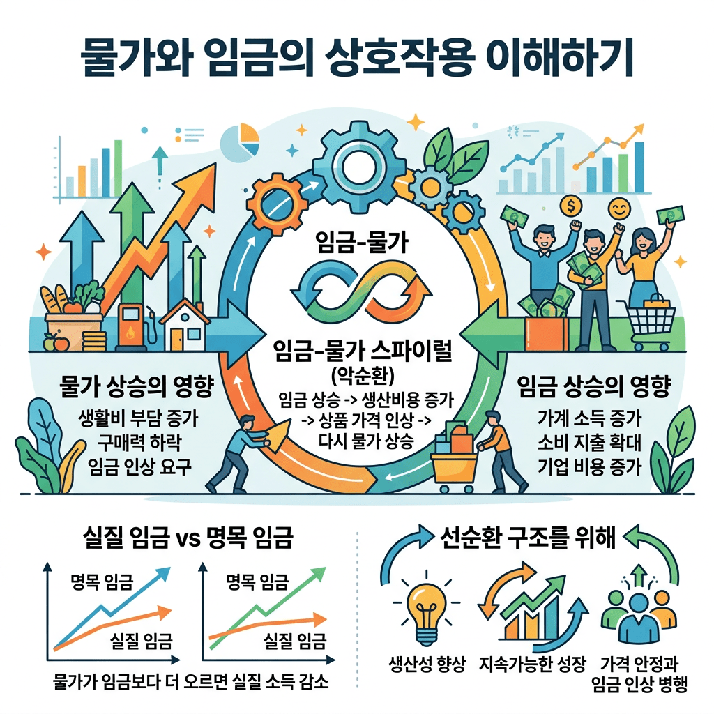 Diagram showing the interaction between wages and prices with effects on living costs, income, and business expenses