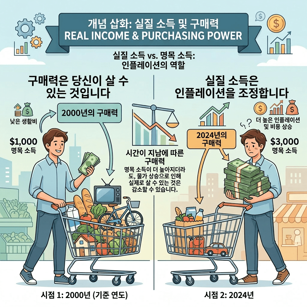 Comparison of purchasing power and real income in 2000 versus 2024 showing effects of inflation