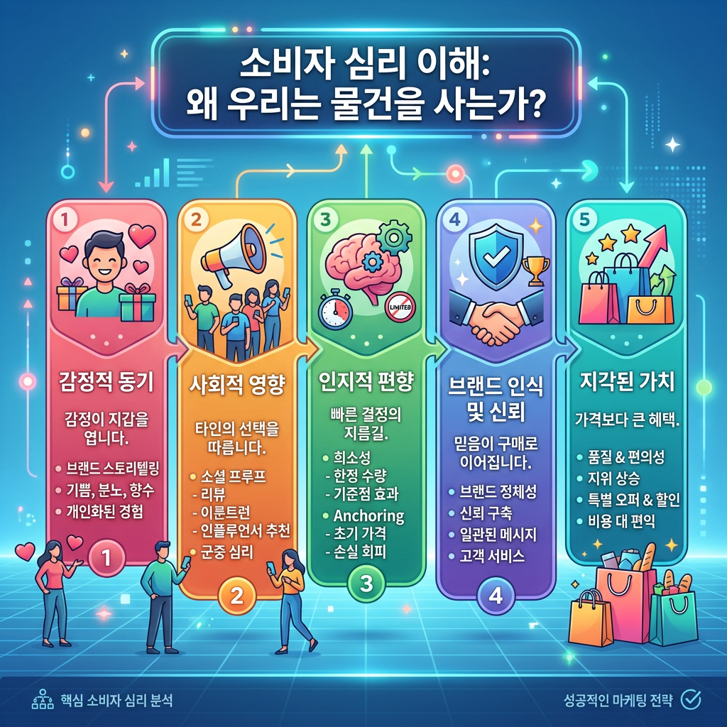 Five key consumer psychology factors including emotional motivation, social influence, cognitive bias, brand perception, and perceived value described in Korean.