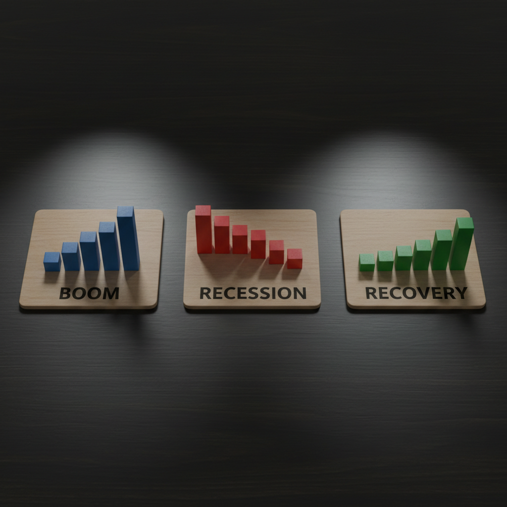 A dark, matte-finished wooden surface displaying three neatly aligned rectangular cards labeled “Boom,” “Recession,” and “Recovery” in plain, modern typography. Each card is paired with a small wooden block graph in matching colors: a tall, rising set of blocks for boom, a low, declining set for recession, and a gradually increasing set for recovery. Subtle overhead lighting creates focused pools of light on each card and block arrangement, leaving the surrounding surface gently darkened for contrast. Photographed from a slightly elevated, centered angle with moderate depth of field, the three stages are all in sharp focus. The mood is thoughtful and structured, with photographic realism and a clean, diagram-like aesthetic ideal for illustrating the phases of the economic cycle in a straightforward, beginner-friendly way.