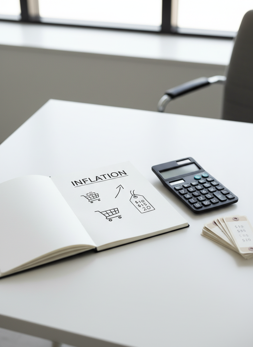 A detailed, high-resolution overhead shot of a clean white desk where a spiral-bound notebook lies open to a page titled “Inflation” in neat printed lettering. Around the title, simple hand-drawn icons show a small shopping cart, a rising arrow, and a price tag with numbers increasing. A slim calculator with matte black buttons rests beside the notebook, along with a tidy stack of printed price tags in neutral tones. Soft, diffused daylight from above eliminates harsh shadows, creating an even, gentle illumination. The composition follows the rule of thirds, with a shallow depth of field keeping the notebook and calculator in crisp focus while the background fades softly. The mood is clear, structured, and reassuring, with photographic realism and a modern, professional aesthetic ideal for demystifying economic concepts.