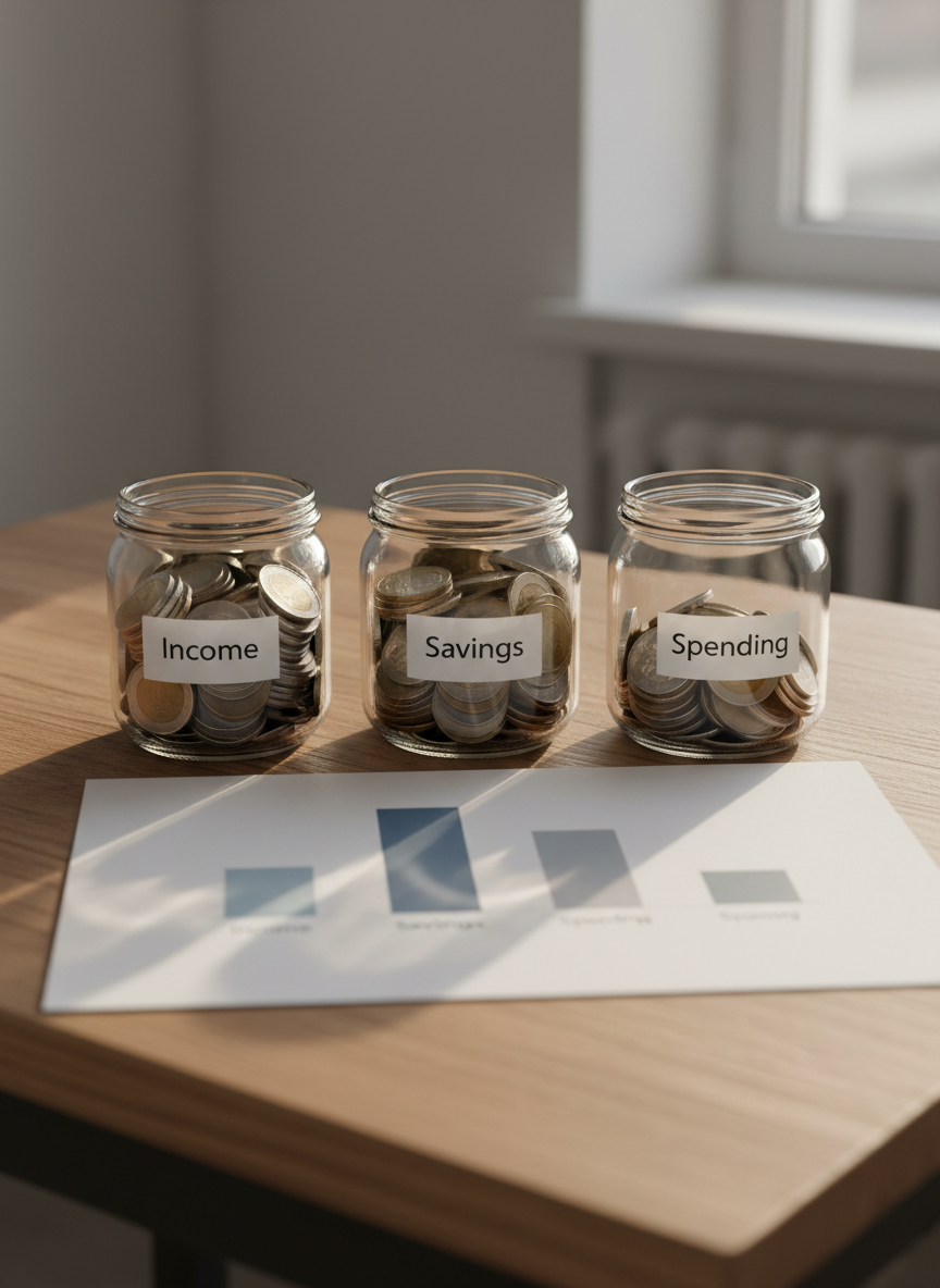 A close-up of a simple wooden table holding three transparent glass jars labeled with plain white tags: “Income,” “Savings,” and “Spending,” each jar filled with neatly stacked coins at different levels. A printed sheet beneath them shows a basic bar chart in muted blues and grays, with clearly defined bars rising at varied heights. Soft afternoon light from the left creates gentle highlights on the glass and metallic coins, while casting delicate shadows across the paper. Shot from a slightly elevated angle with sharp focus on the jars and a softly blurred, uncluttered background, the photographic realism and neutral color palette convey clarity, simplicity, and a calm, educational atmosphere for beginners learning fundamental economic terms.