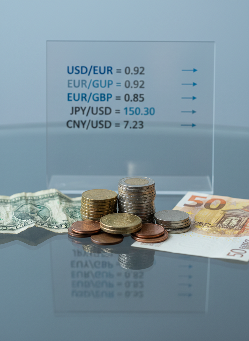A polished glass tabletop supporting a small, neatly stacked pile of assorted world coins and two contrasting paper bills, one slightly worn and one crisp, symbolizing currency and exchange rates. Behind them, slightly out of focus, stands a transparent acrylic board with a simple, printed currency conversion table in soft blues and grays. Cool, diffused studio lighting reflects gently off the glass and metallic surfaces, creating subtle highlights without glare. Captured from a low, side angle, the camera focuses sharply on the coins and bills, while the background conversion table remains legible but subdued. The scene feels analytical yet approachable, with clean lines, photographic realism, and a calm, professional atmosphere tailored for explaining foreign exchange and global economic trends to beginners.