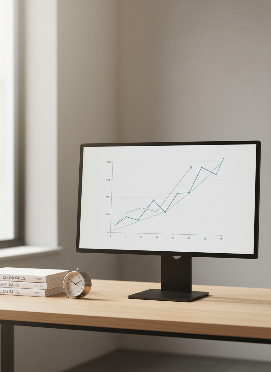A minimalist, modern workspace featuring a large matte-black computer monitor displaying a clean line graph with a clear upward trend in soft blue and green tones. The screen sits on a light oak desk beside a neat stack of economics textbooks and a small metal desk clock frozen at the top of the hour. Diffused daylight from a nearby window casts gentle, even light across the scene, creating soft shadows and subtle reflections on the monitor’s bezel. Photographed at eye level with a shallow depth of field that blurs the neutral-toned background, the image feels calm, professional, and approachable, embodying photographic realism with a clean, modern aesthetic suitable for explaining basic economic trends.