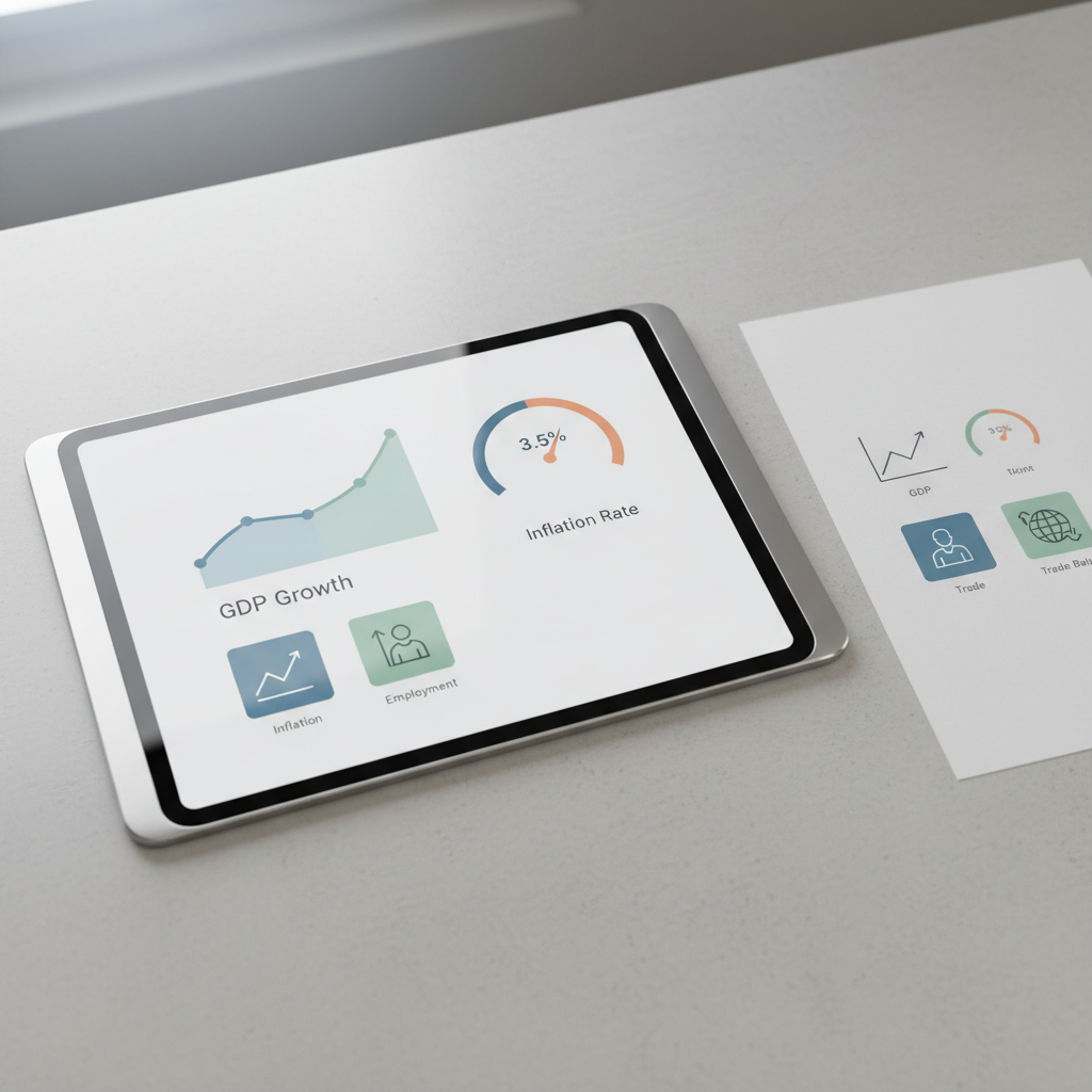 A sleek, modern tablet lying flat on a pale gray desk, its screen displaying a simple, colorful dashboard of economic indicators: a large, clear GDP line chart, an inflation gauge styled like a speedometer, and small, labeled icons for employment and trade. The graphics are rendered in muted blues, greens, and soft oranges, with plenty of white space. Nearby, a single sheet of paper shows the same indicators as minimalist icons, reinforcing the concepts. Soft, cool daylight from a nearby window creates gentle reflections on the tablet’s glass without obscuring the display. Captured from a bird’s-eye view with sharp focus across the frame, the photographic realism and clean, tech-forward aesthetic convey an organized, accessible introduction to tracking key economic trends.