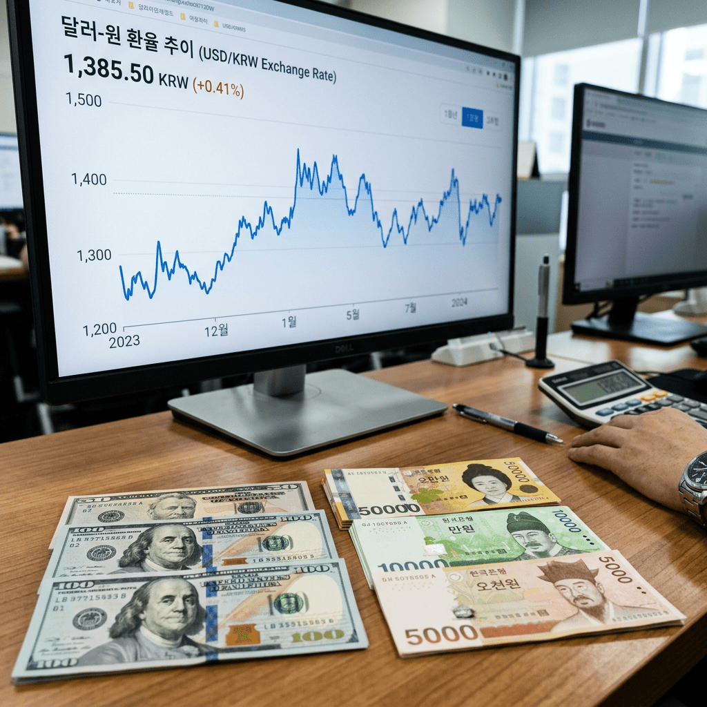 Exchange rate chart for USD to KRW with US dollar and South Korean won banknotes on desk