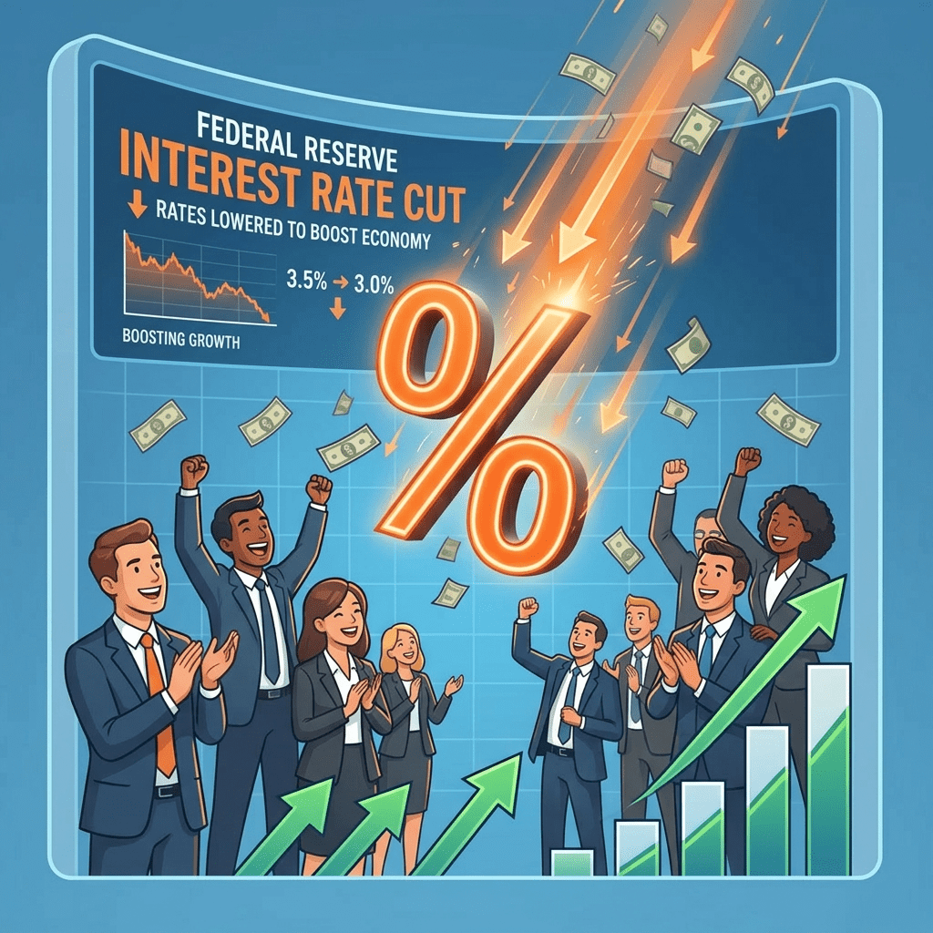 Stock traders applauding amid Federal Reserve interest rate cut announcement