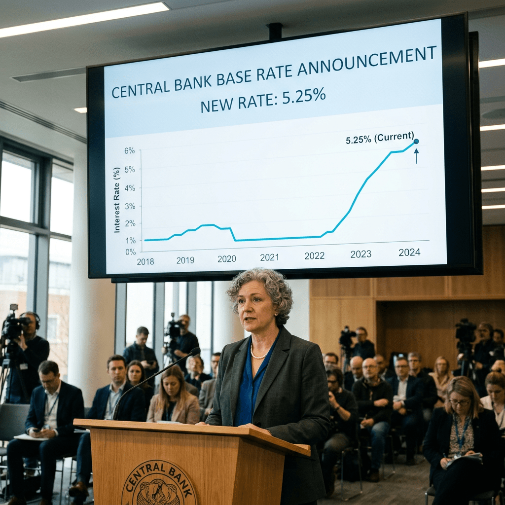 Central bank announcement showing interest rate increasing to 5.25% on graph