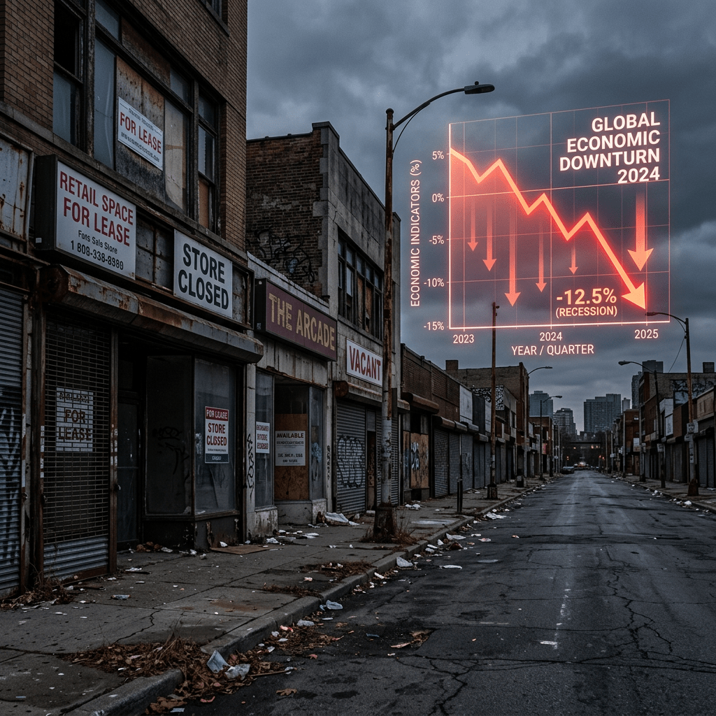 Deserted urban street with closed stores and a graph showing global economic downturn 2024