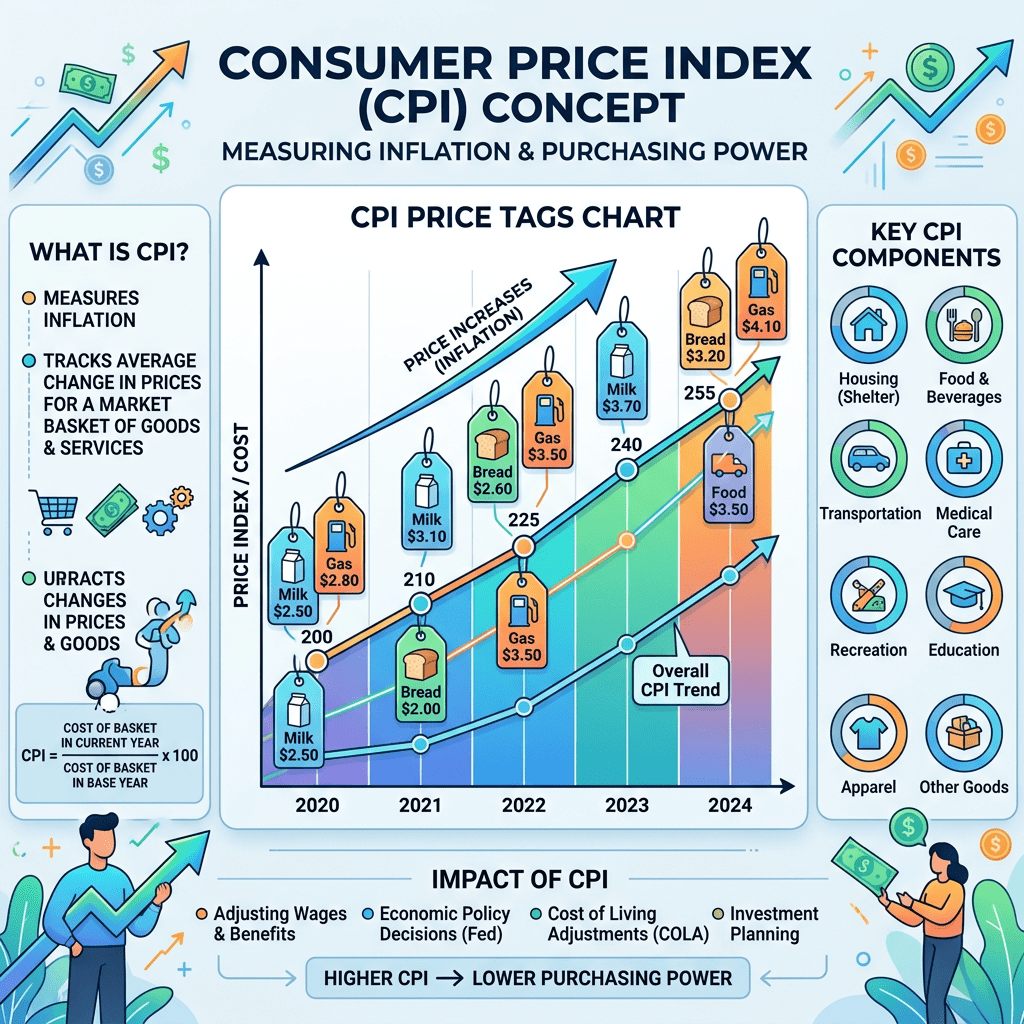 Infographic displaying Consumer Price Index concept with price tags chart, CPI components, and impact information