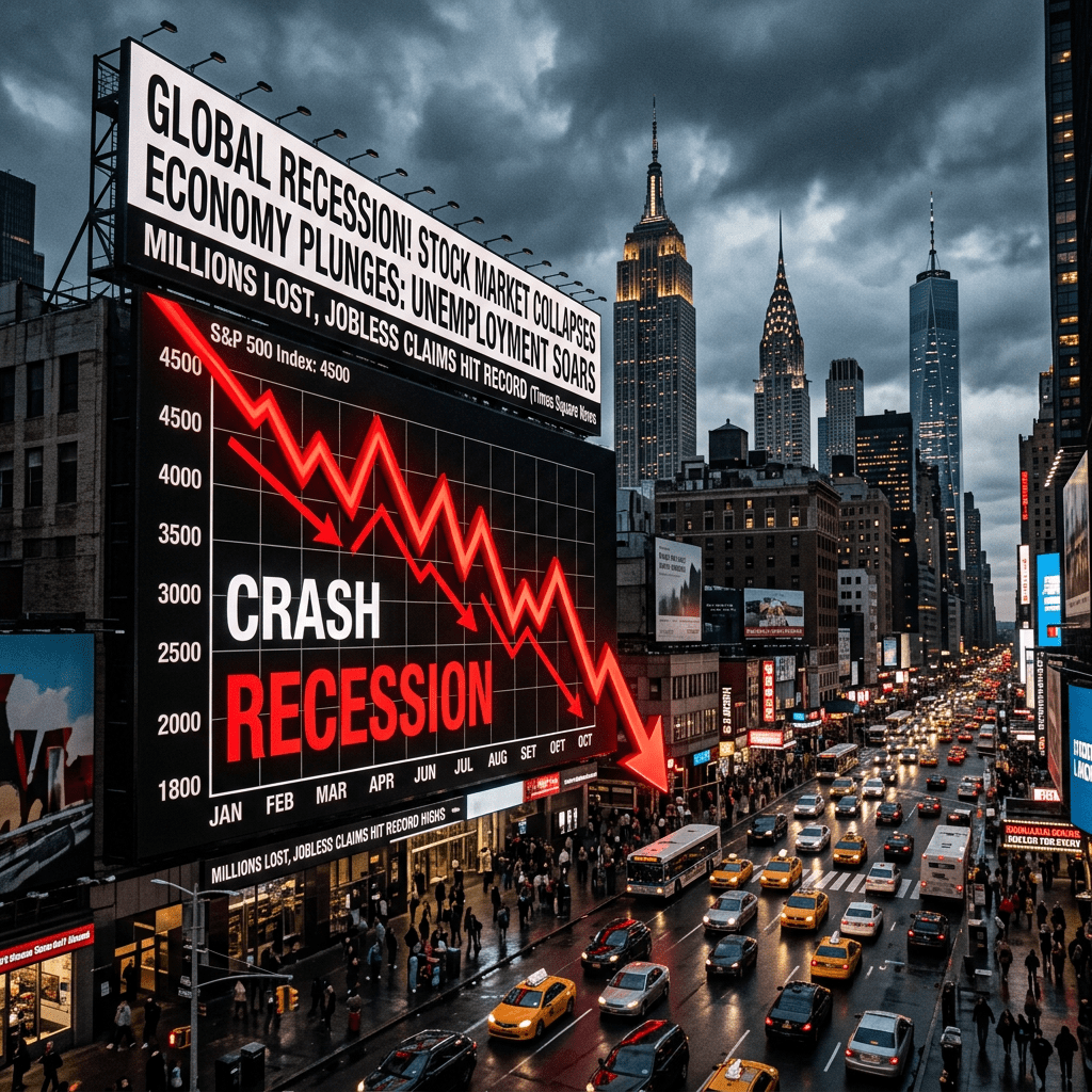 Billboard showing stock market crash graph and recession headlines
