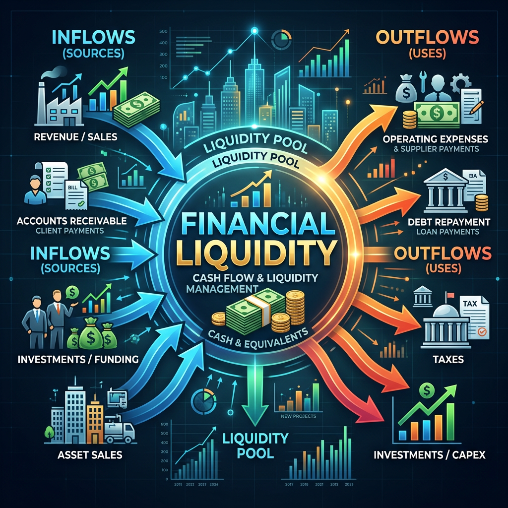 Financial liquidity sources and uses including revenue, accounts receivable, investments, asset sales, operating expenses, debt repayment, taxes, and investments