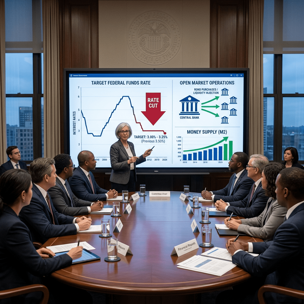 Senior official presenting graphs on federal funds rates and open market operations to executives in a conference room