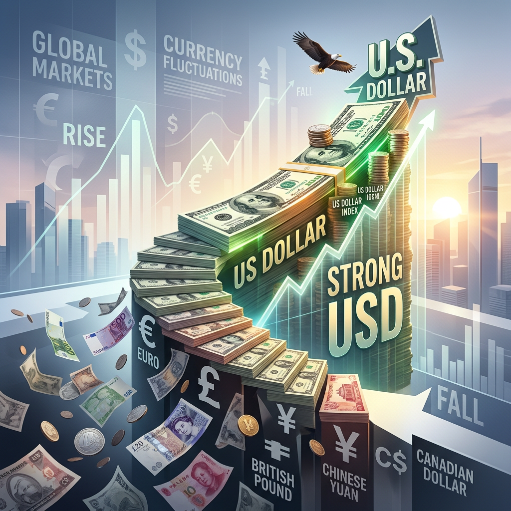 Staircase of US dollar bills ascending over falling euro, pound, yuan, and Canadian dollar currencies