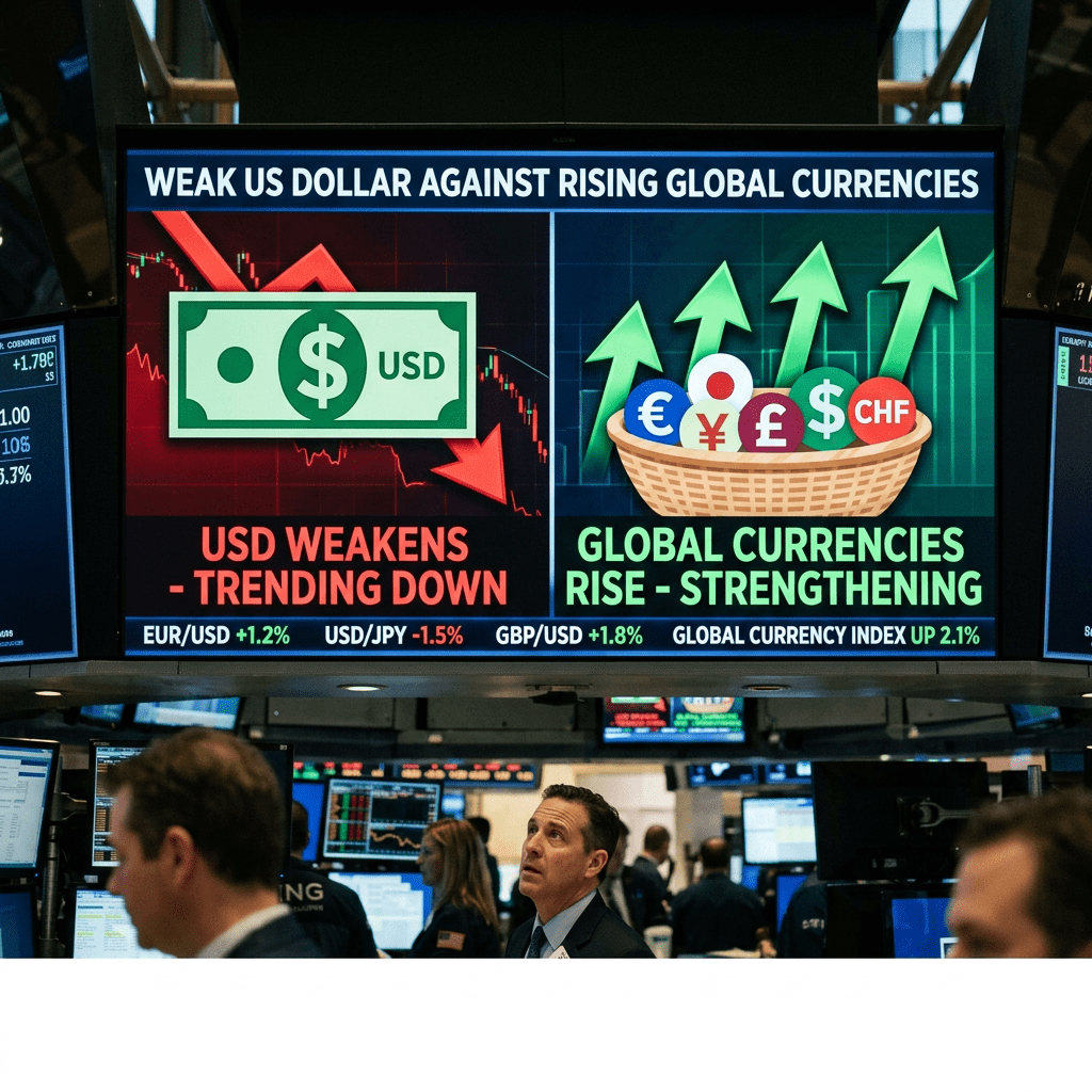 Chart showing US dollar trending down while global currencies rise in value