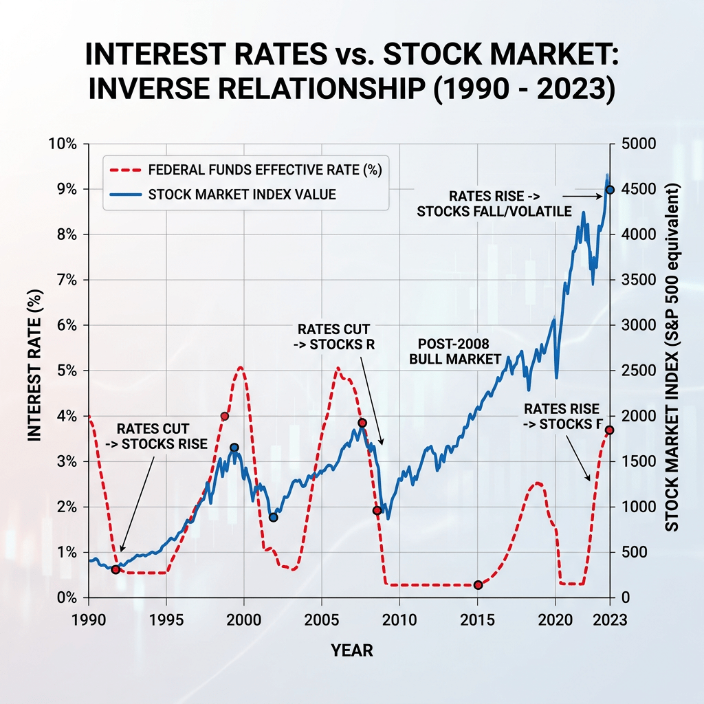 Line graph comparing federal funds effective rate and stock market index value from 1990 to 2023 with annotations