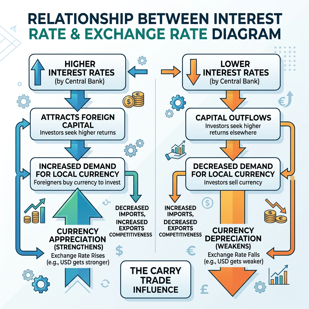 Flowchart showing how higher interest rates attract foreign capital leading to currency appreciation, and lower interest rates cause capital outflows leading to currency depreciation.