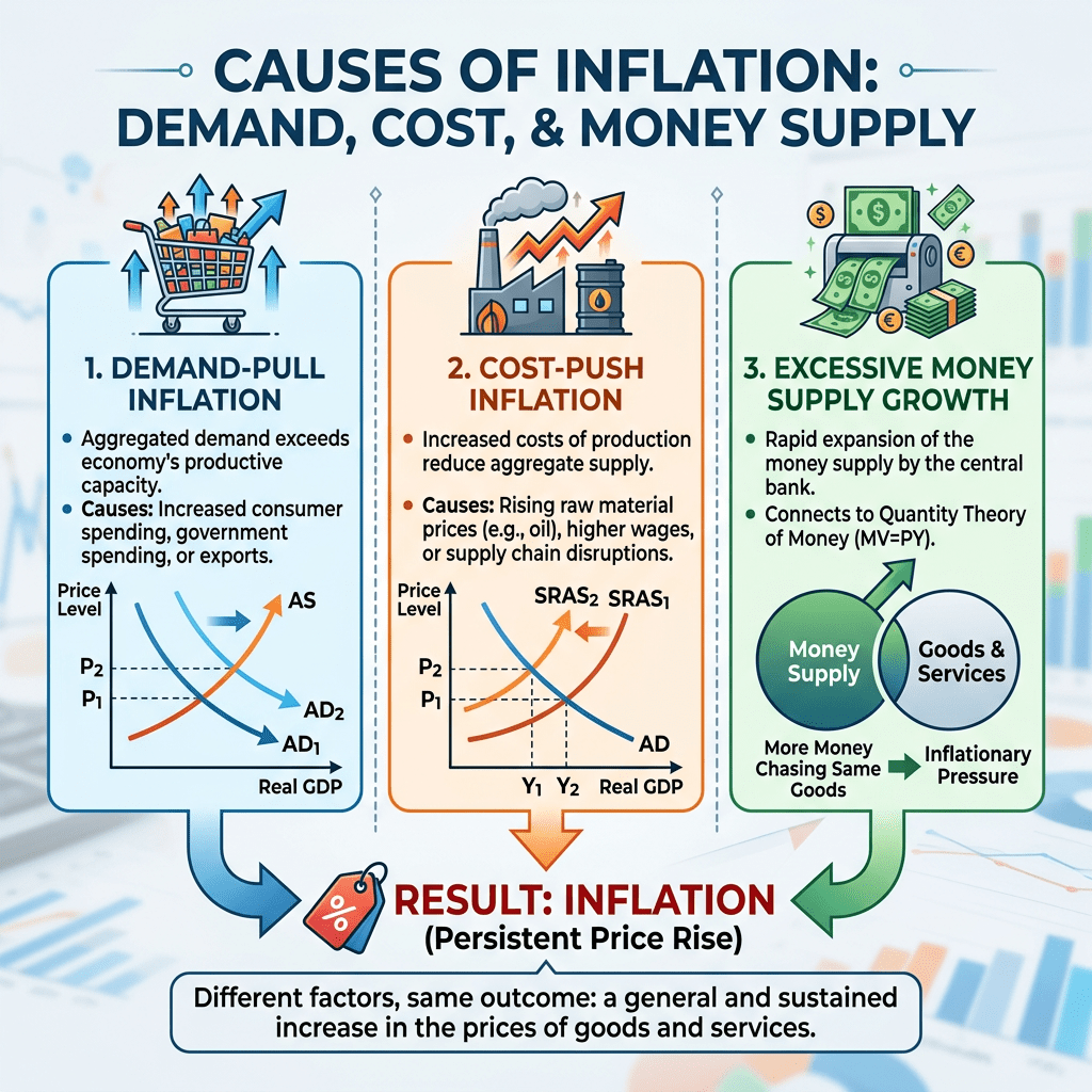 Infographic illustrating demand-pull inflation, cost-push inflation, and excessive money supply growth as causes of inflation