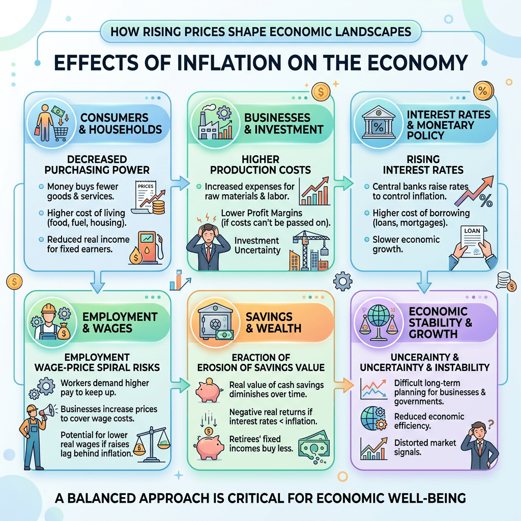 Diagram showing effects of inflation on consumers, businesses, interest rates, employment, savings, and economic stability.