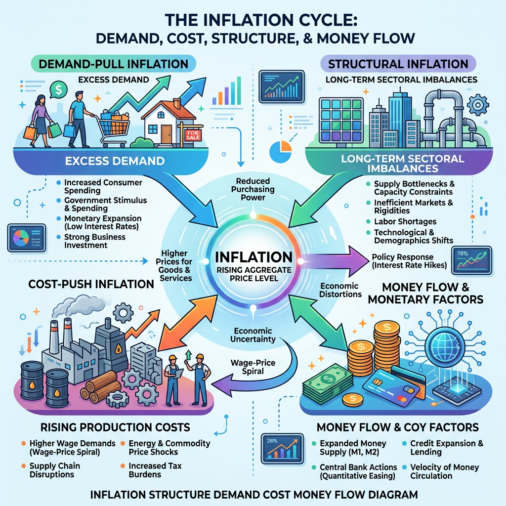 Diagram showing demand-pull inflation, structural inflation, cost-push inflation, and money flow factors driving rising aggregate price levels