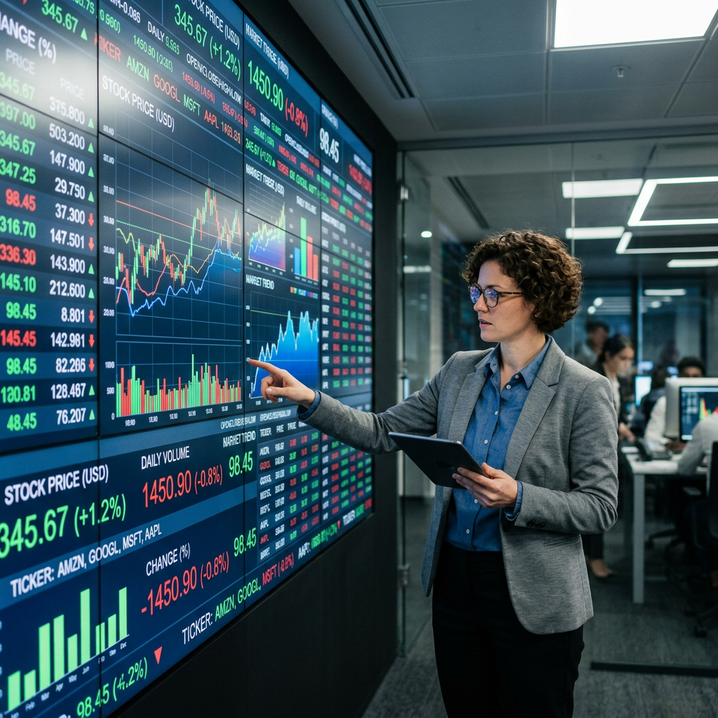 Woman in office pointing at stock market charts on large digital screen with tablet in hand