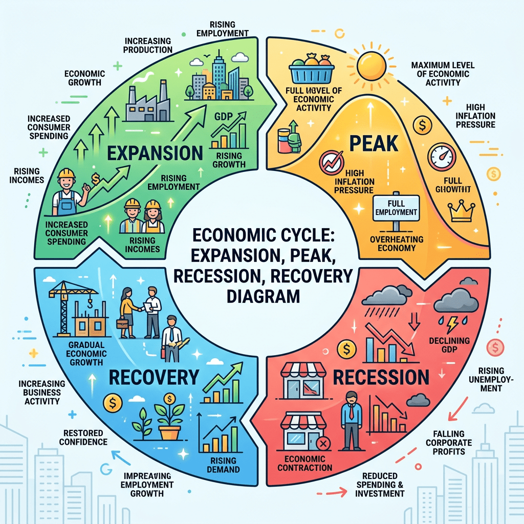 Diagram of economic cycle phases with details on expansion, peak, recession, and recovery