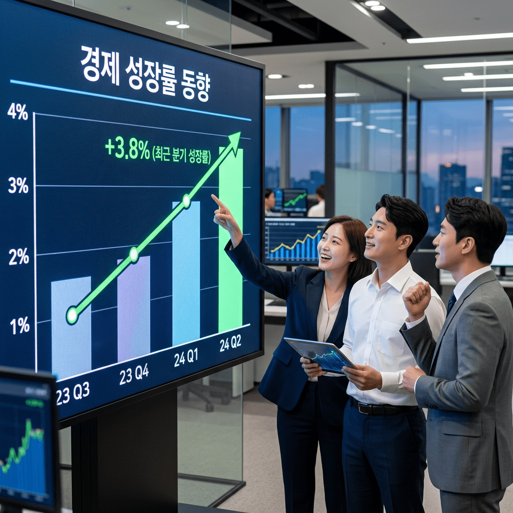 Three business professionals analyzing an economic growth chart with increasing bars and a positive trend line