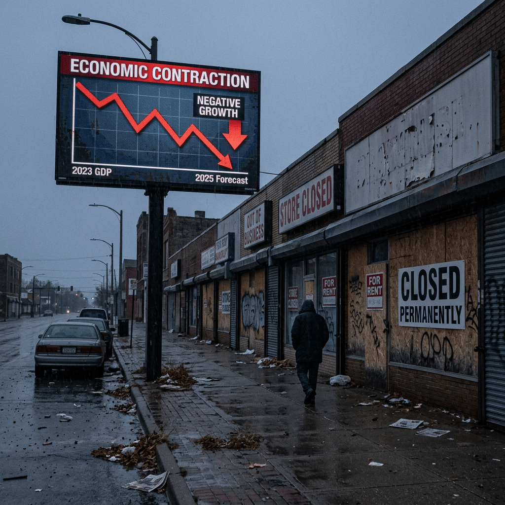 Boarded storefronts with closed signs and a billboard showing declining economic growth forecast