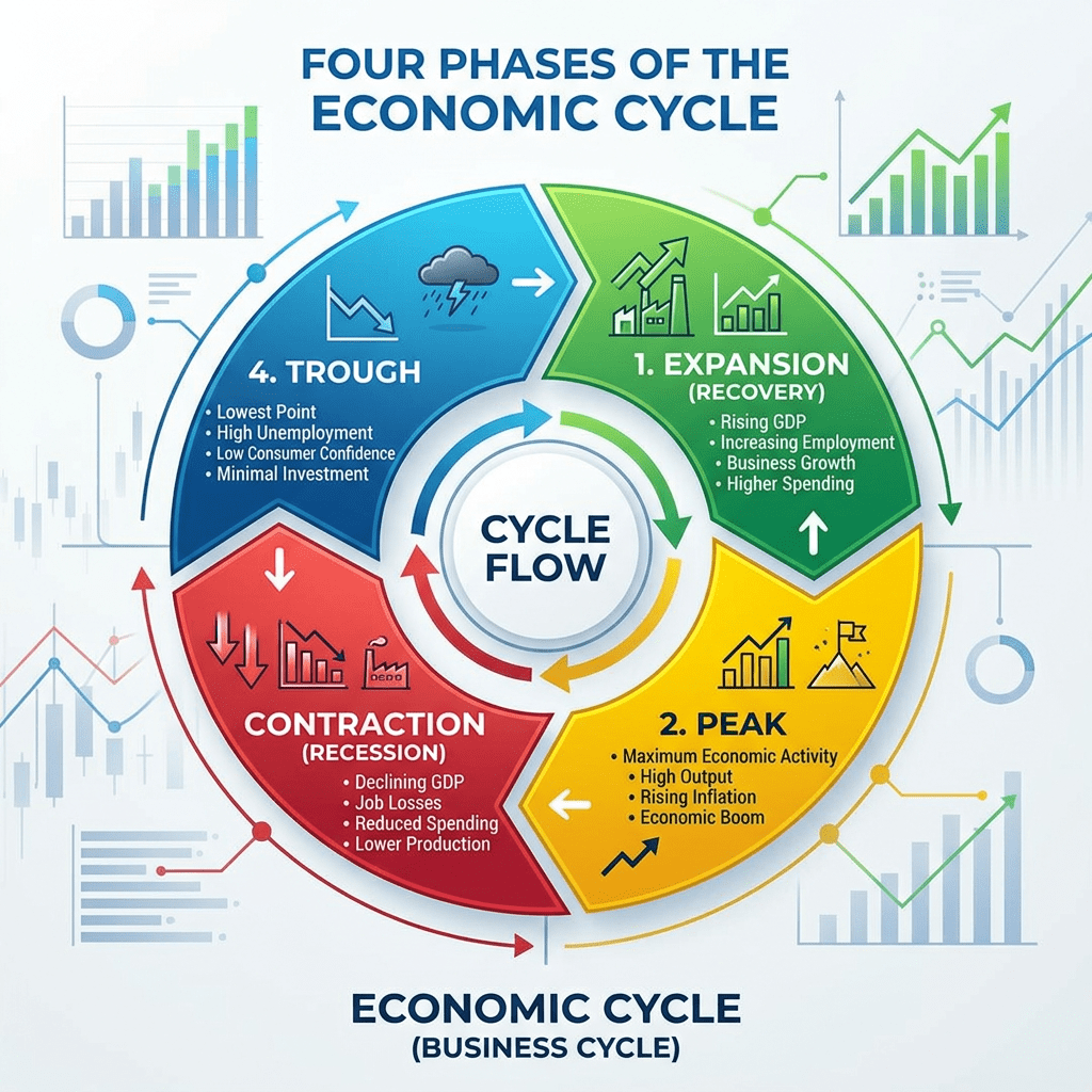 Diagram showing four phases of economic cycle: Expansion, Peak, Contraction, Trough with brief descriptions