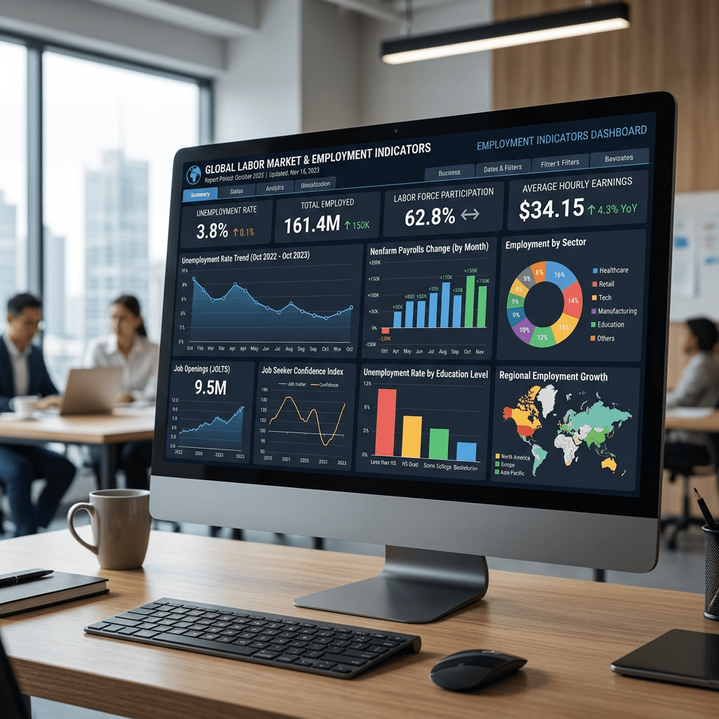 Dashboard showing global employment data including unemployment rate, total employed, labor participation, earnings, payroll changes, and sector employment.