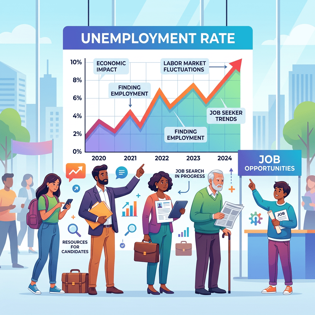 Graph showing rising unemployment rate from 2020 to 2024 with diverse people engaging in job search activities