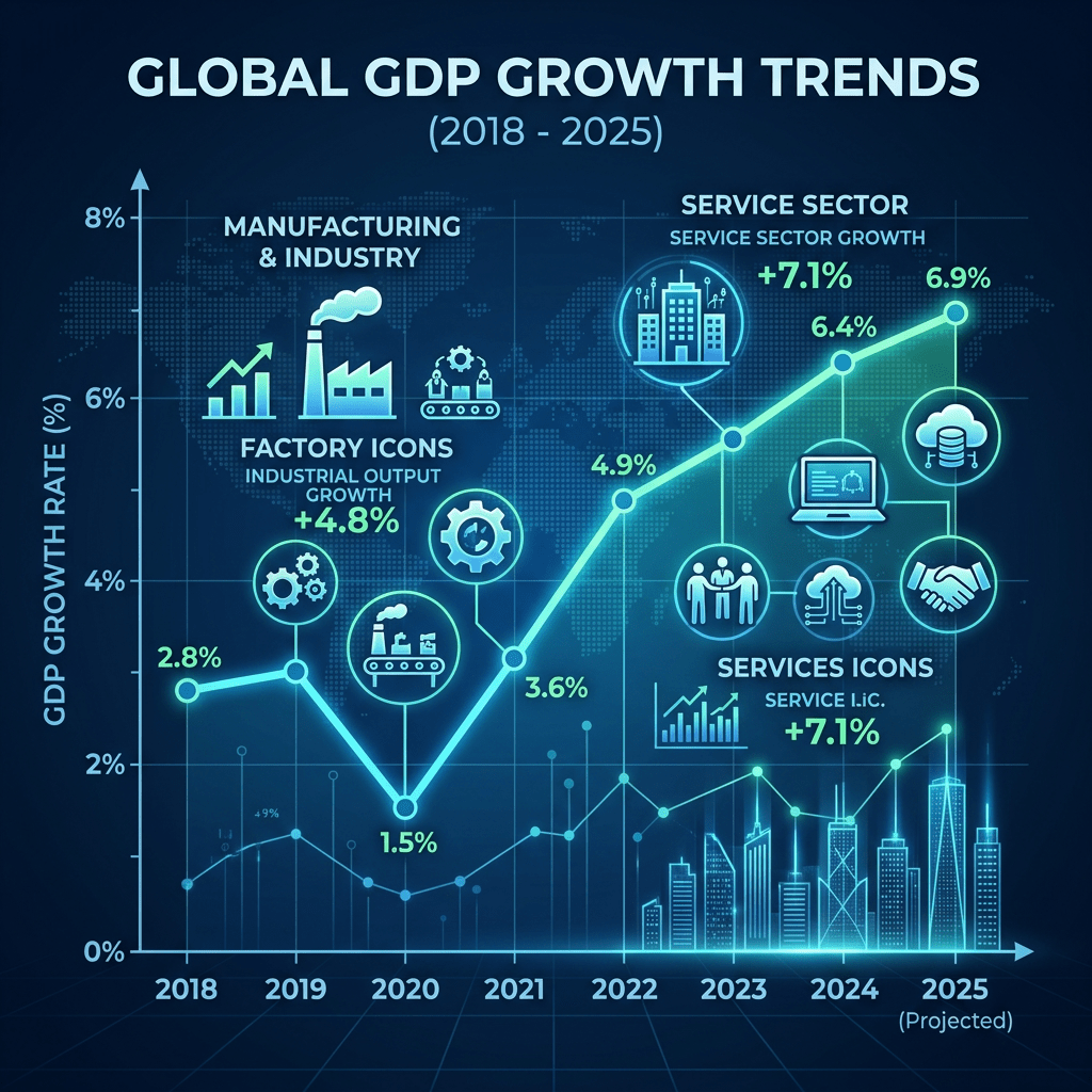 Line graph depicting global GDP growth rates from 2018 to 2025 for manufacturing and service sectors with icons and percentage values