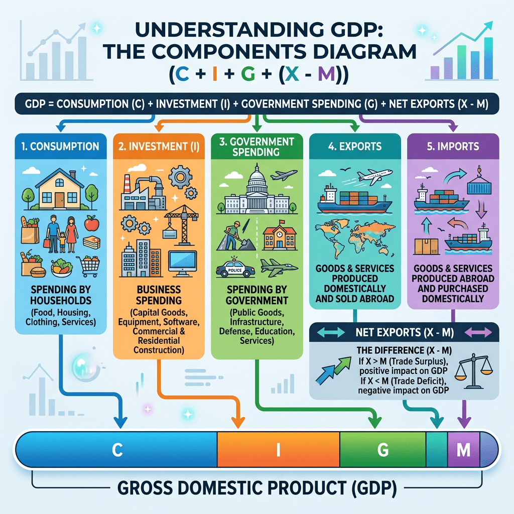 Diagram showing five GDP components: Consumption, Investment, Government Spending, Exports, and Imports, with their definitions and effects on GDP.