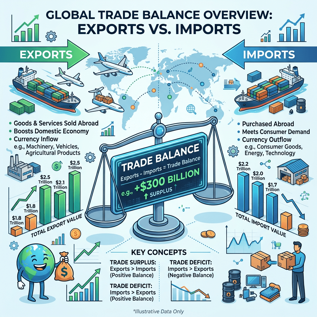 Infographic illustrating global exports, imports, and trade balance concepts with charts and icons