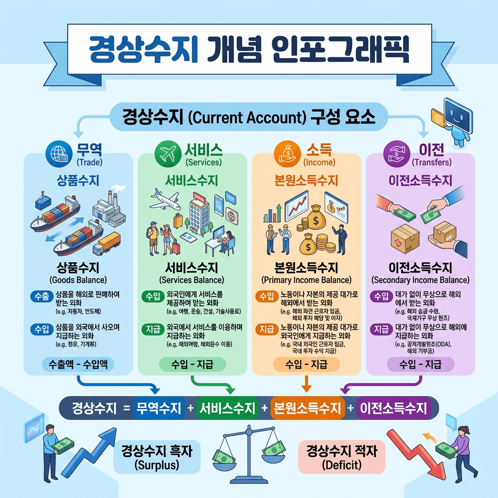 Infographic detailing current account components: trade, services, income, and transfers with balance explanations