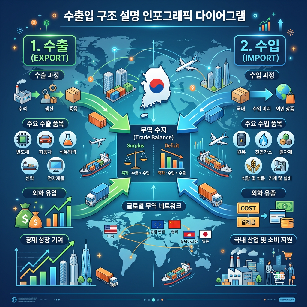 Diagram showing South Korea's export and import processes, main goods, trade balance, and global trade network
