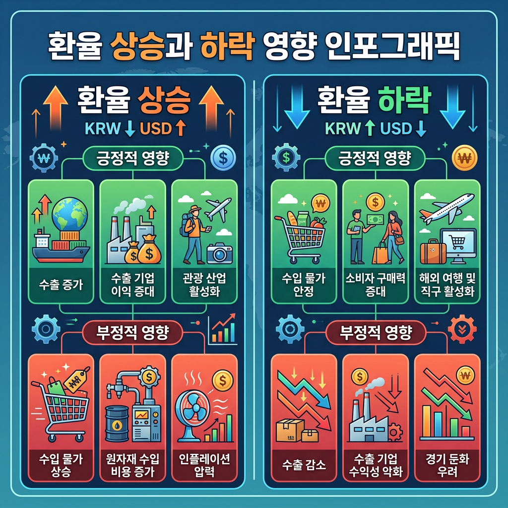 Infographic showing positive and negative impacts of KRW and USD exchange rate changes