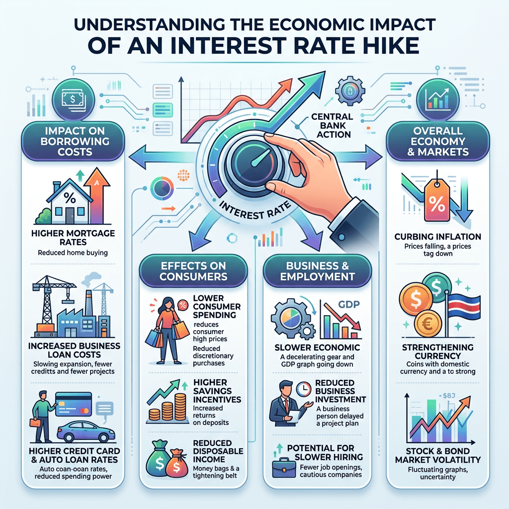 Infographic showing economic impact of interest rate hike on borrowing costs, consumers, business, and markets
