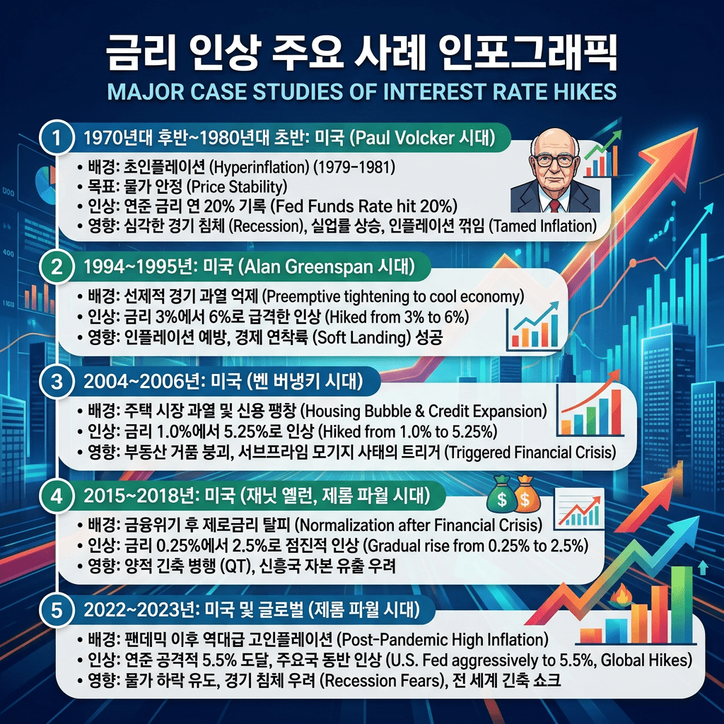 Timeline of major U.S. interest rate hikes from 1970s to 2023 with background, goals, and effects