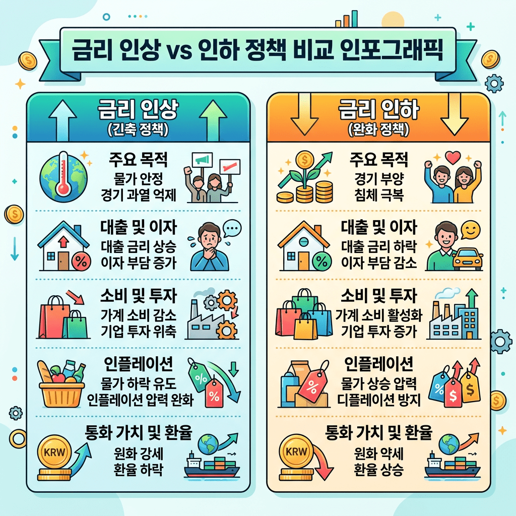 Infographic comparing the impacts of interest rate hikes versus cuts on economy, loans, consumption, inflation, and currency.