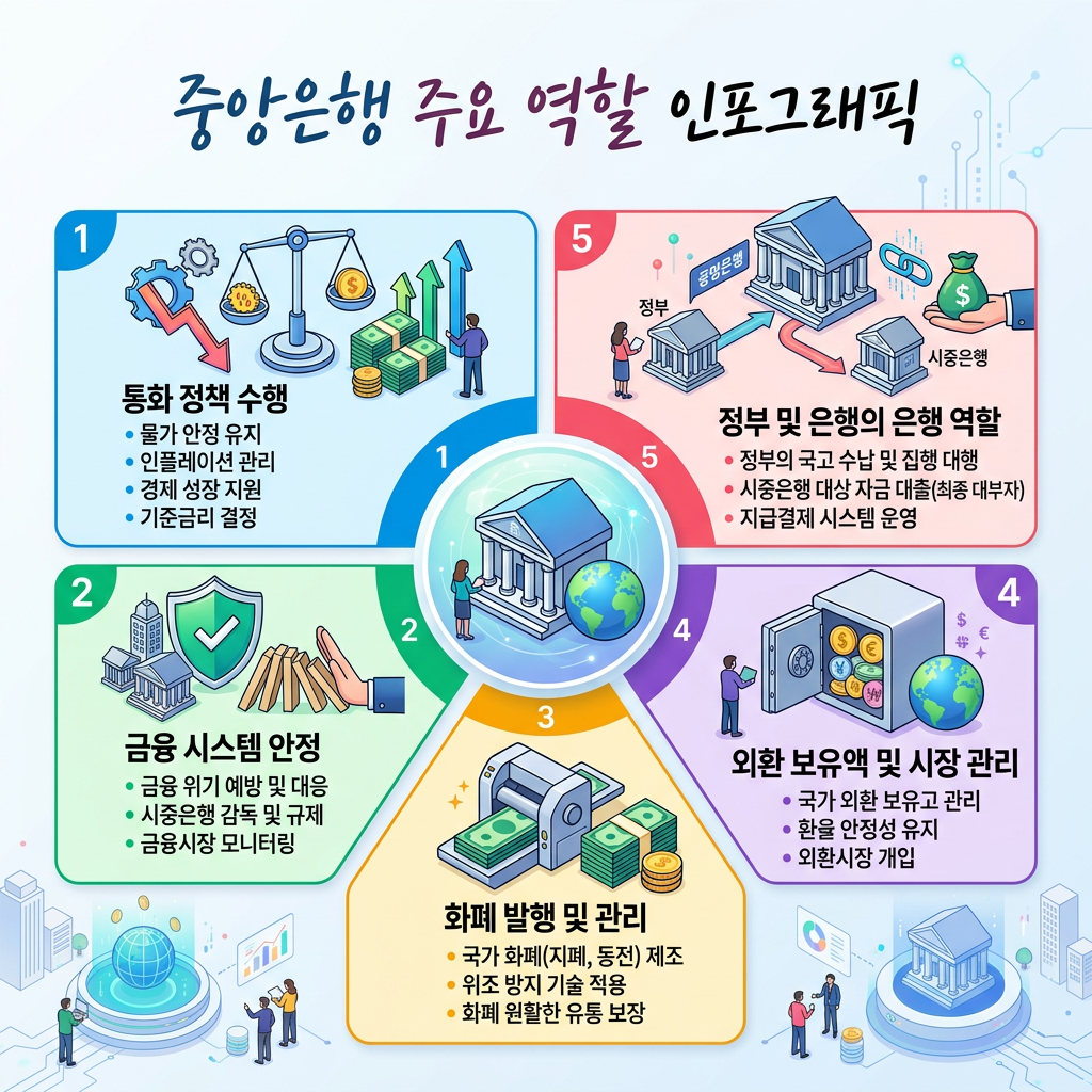 Infographic showing five central bank functions: monetary policy, financial system stability, currency issuance, foreign exchange market management, and government banking roles.