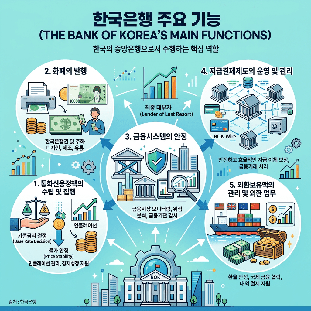 Infographic showing Bank of Korea's five main functions including base rate decision, currency issuance, financial stability, payment system management, and foreign reserves management