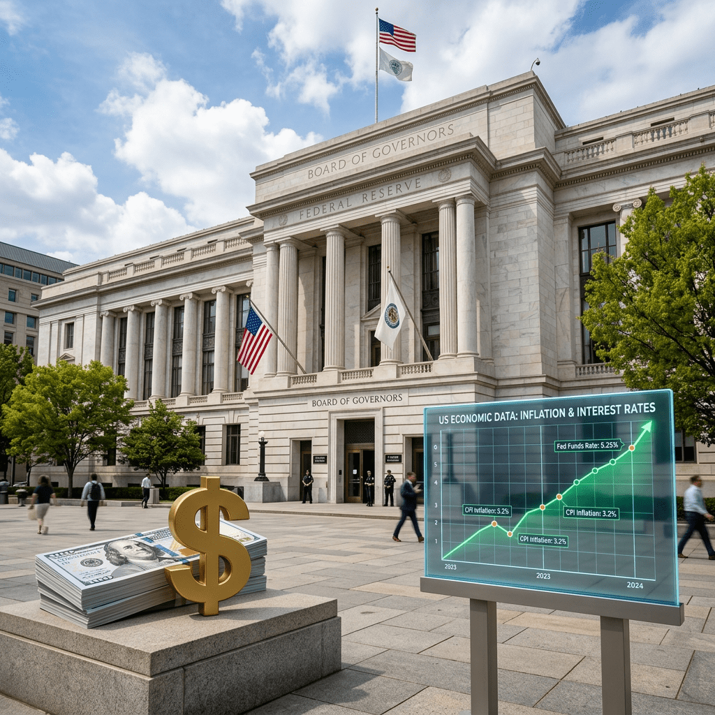 Federal Reserve building exterior with economic data chart on inflation and interest rates in front